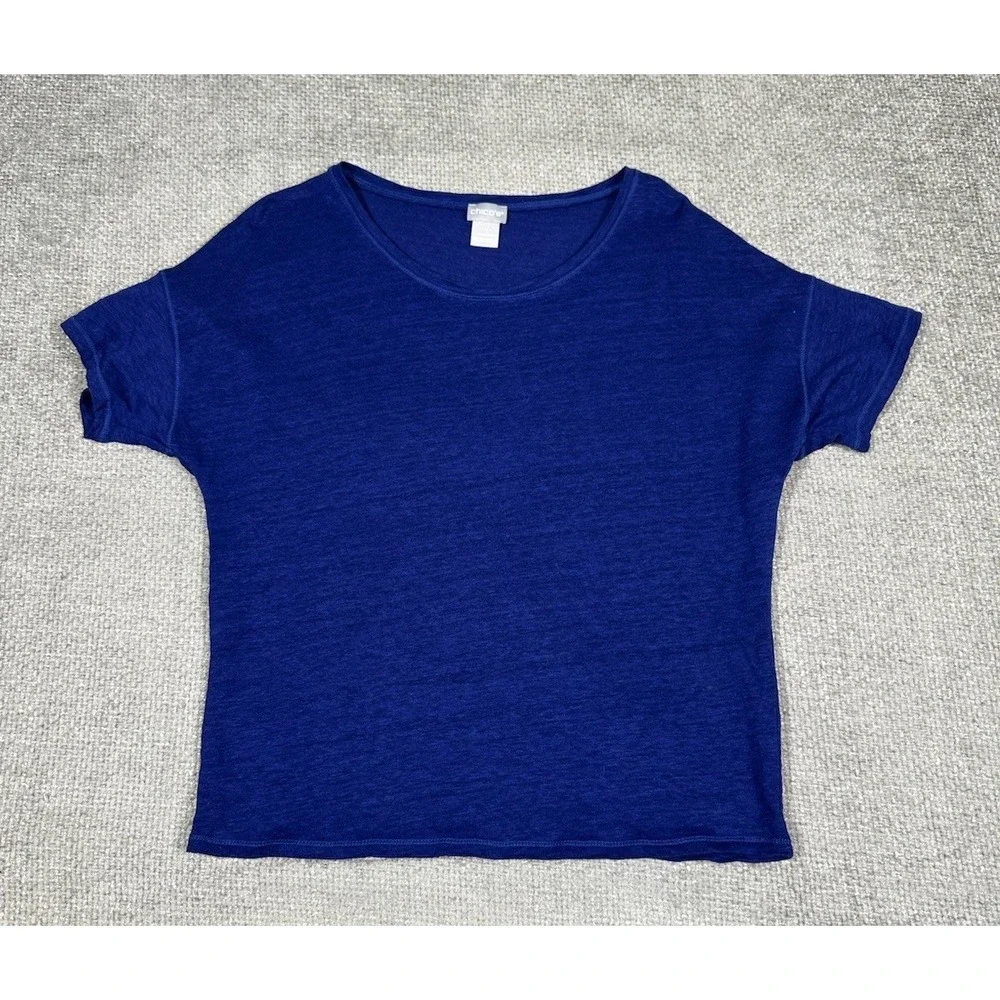 Chicos Linen Top Womens 1 Medium Blue T Shirt - Picture 1 of 6